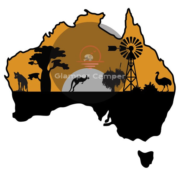 Australiana Map with Kangaroos, Dingo & Emu - Blue, Orange & White